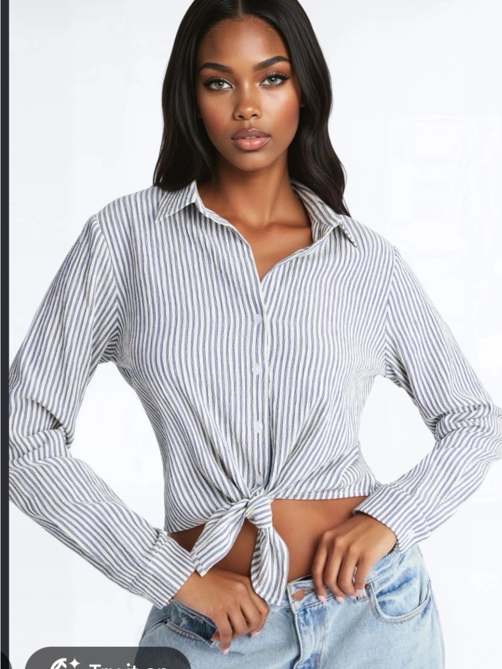 Striped Tie-Front Button-Up Shirt - Blue/White